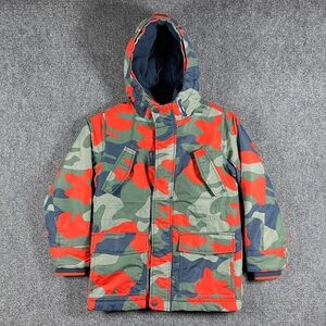 Boden Camouflage Puffer Hooded Jacket Boys Size 7-8 Orange Green #1473